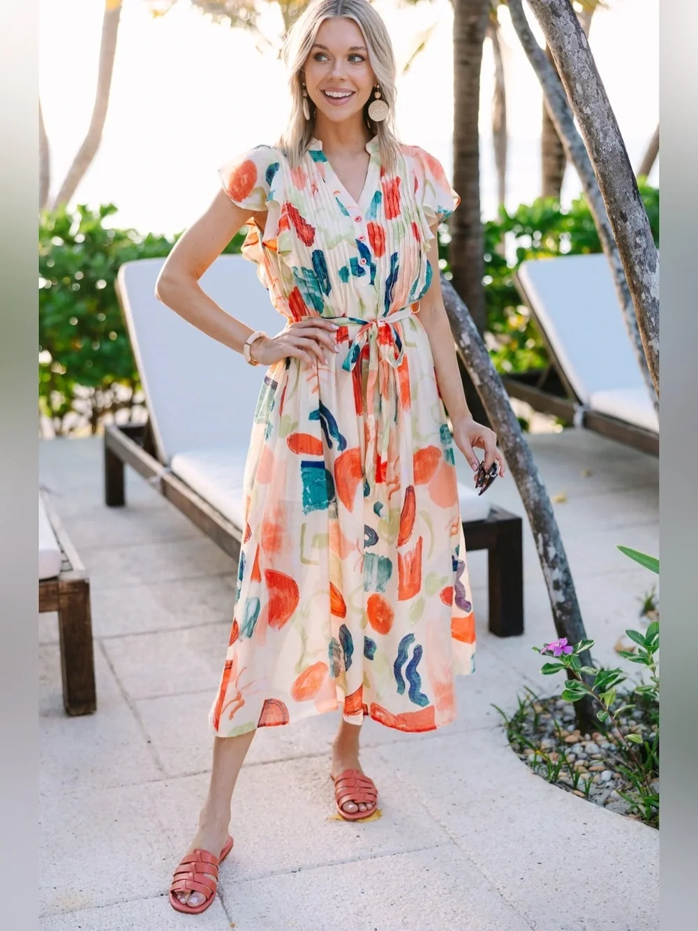 TCEC Good To Go Orange Midi Dress Colorful Abstract Print Tie-Waist XL